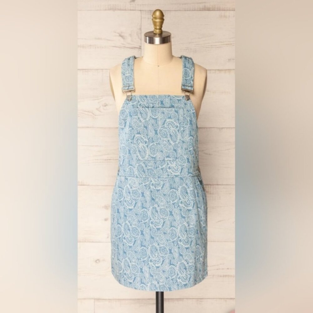 Storia small 100% cotton Blue Denim Overall Dress paisley pattern